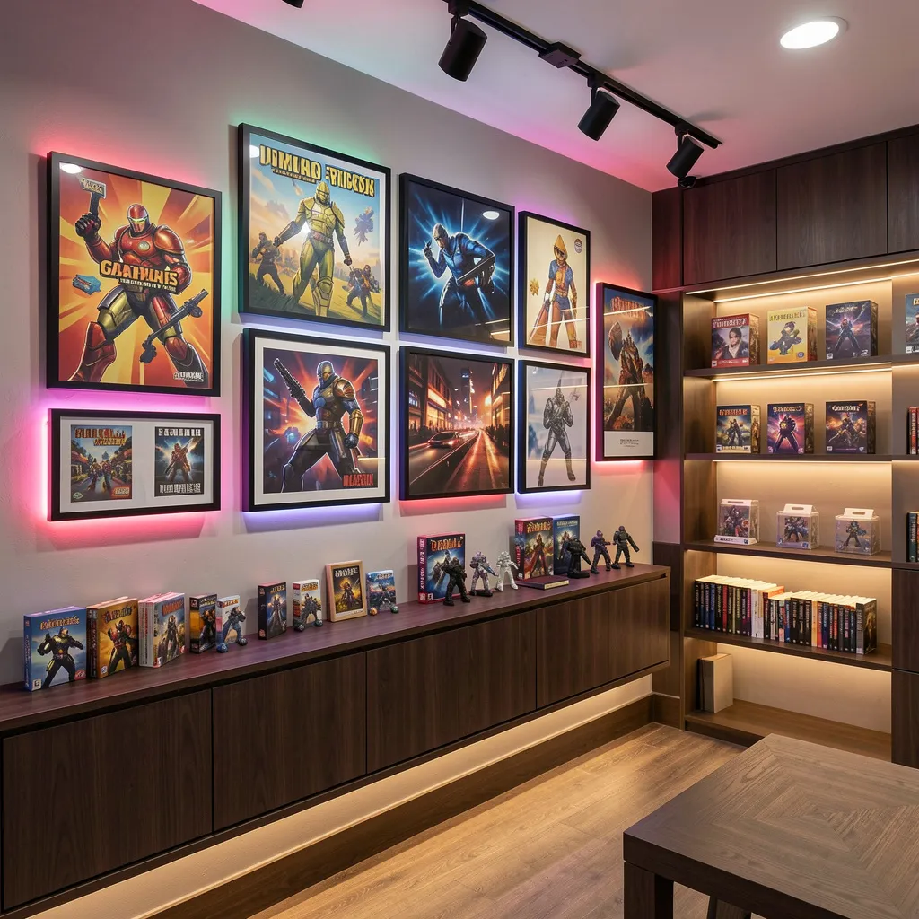 Basement setup with framed arcade art